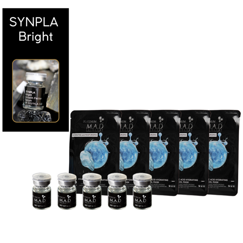 SYNPLA BRIGHT GROWTH FACTOR SERUM GF 3.0/HLA 3.0 + HYALURONIC ACID HYDRATING FACIAL MASK  - ampułki wybielające z czynnikami wzrostu i kwasem hialuronowym 5 sz. + maski w płacie 5 sz.